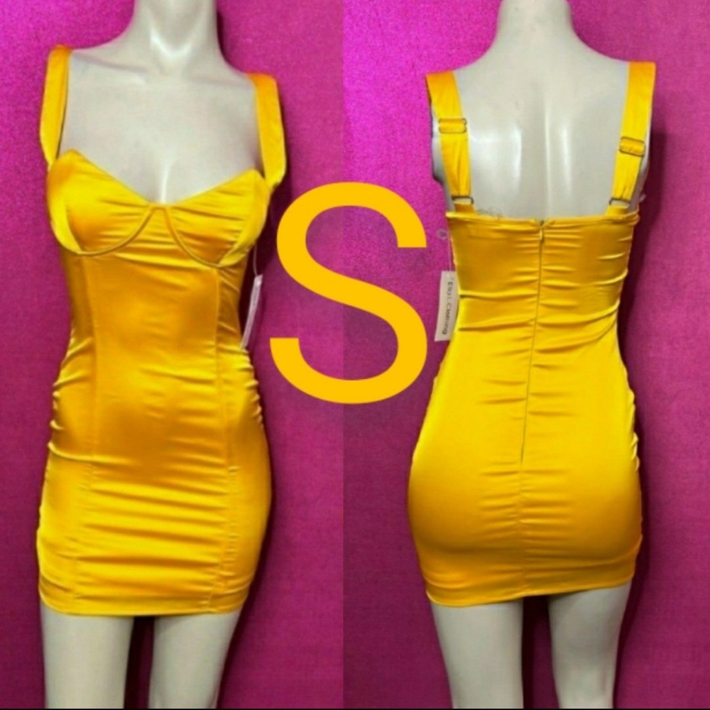 🆕Sexy Yellow Satin Silky Night Out Mini Dress  Size S